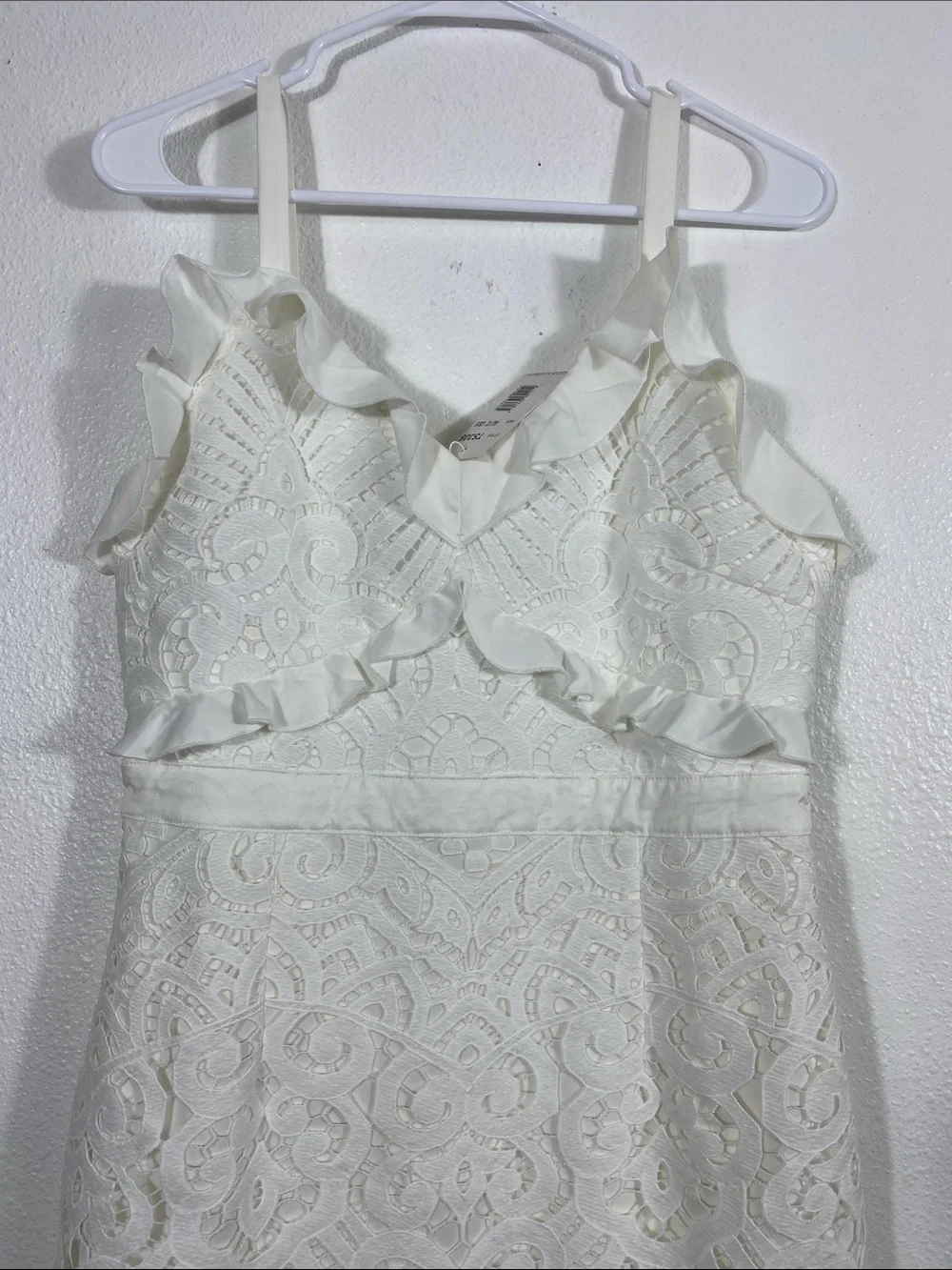 Women's White Lace Ruffle Midi Dress - Elegant Spaghetti-Strap Design Size L